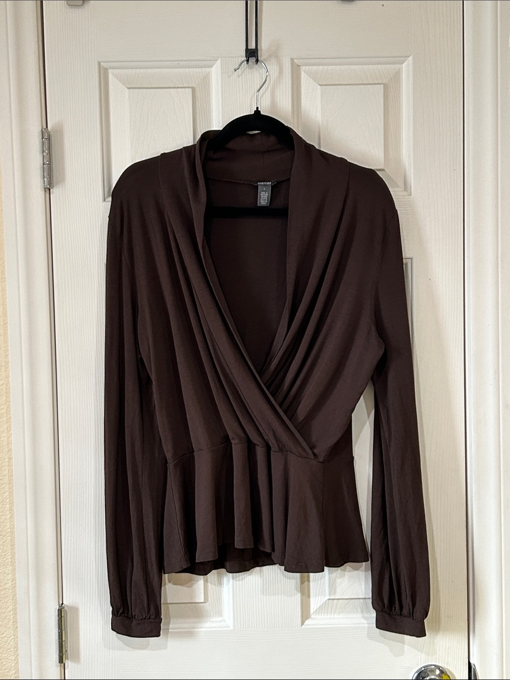 2/$15 Kenneth Cole Reaction Chocolate Brown Faux-Wrap Peplum Blouse LG